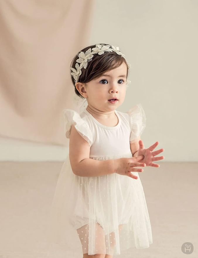 Baby Girl Headband White Lace Hairband Elastics Flower Head Wrap Hair Accessories Gift for Newborn Infant Toddlers Kids Baptism Shower Gift Birthday Wedding Party (Style 1)