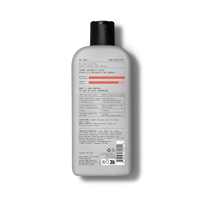 cleanjourney Body Wash, EWG Verified Shower Gel with Niacinamide and Glycerin, Clean Ingredients, Vegan, Energizing, Citrus Zing, 12 Fl Oz