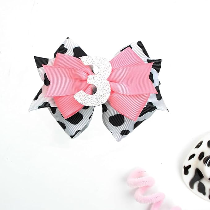 Birthday Hair Clips for Baby Girls - 2Pc Cow Print Bow with White Number Hair Clips for 3rd Birthday Baby Bow Party Decorations for Girls Toddlers Hair Accessories (Cow Print -3 Years)