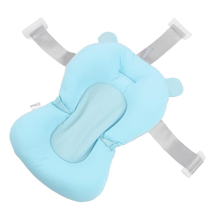 Baby Bath Cushion Pad - Newborn Bathtub Mat with Infant Bath Supporter Net and Nonslip Floating Seat (Blue Bear)