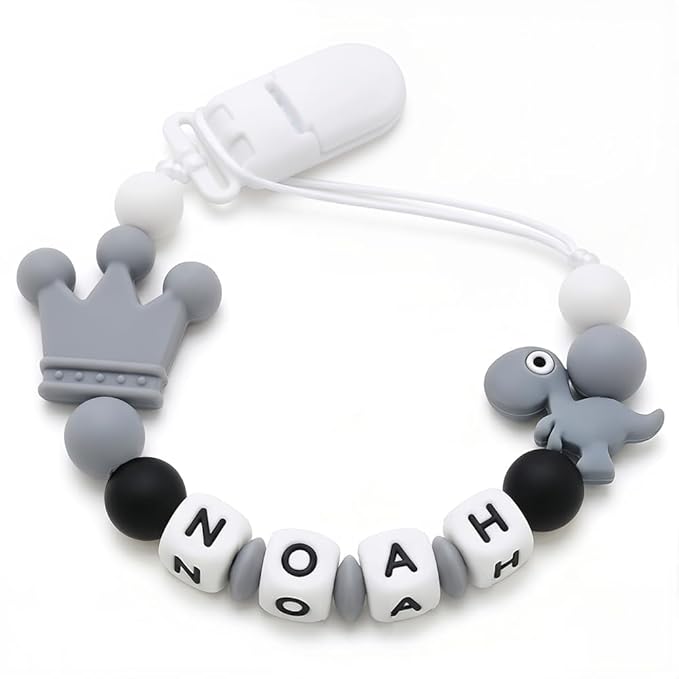 Personalized Pacifier Clip with Name, Custom Silicone Binky Holder for Boys Girls, Dinosaur & Crown Pacifier Chain
