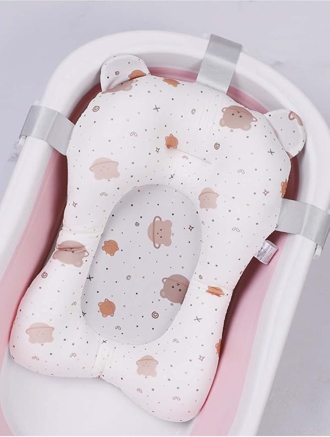 Cute Bear Newborn Baby Bath Mat Floating Foam Baby Tub Pillow Adjustable Non-Slip Bath Seat Pad Bath Cushion for Bathtub for 0-18 Months