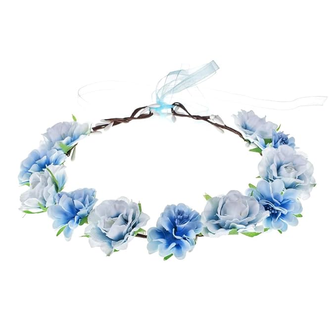 AKOAK 1 Pack Flower Crown, Bohemian Wreath for Girls Floral Tiara, Wedding Headband, Bride Bohemian Wreath/Baby Shower/Photo/Toddler (Blue)