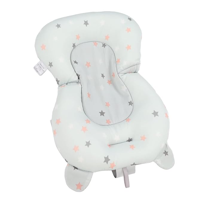 Baby Bath Cushion Pad - Newborn Bathtub Mat with Infant Bath Supporter Net and Nonslip Floating Seat (Light Blue Stars)