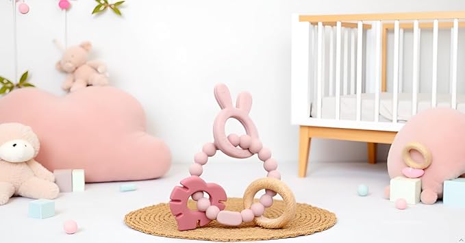 | Bohemian Teether | Baby Teether | Sensory Exploration and Teething Relief | 100% Food-Grade Silicone Teether Toy | BPA Free | Chewbeads | Silicone with Beechwood Ring | (Pink)