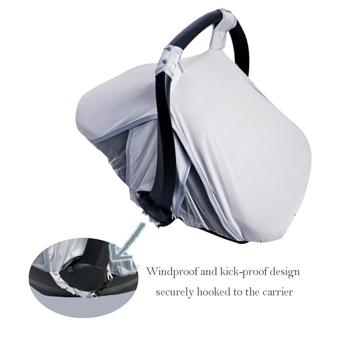 RHYDEER Baby car seat Cover with Mosquito net, 2 in 1 Infant carseat Sun Shade Cover and carseat Mosquito net, Grey