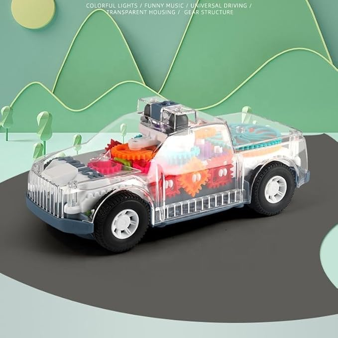 Nenekal Transparent Electric Police Car Gear Toy with Flashing Lights & Music, Automatically Changes Direction, Toddler Gift, for Boys Girls 3+, STEM Tummy Time