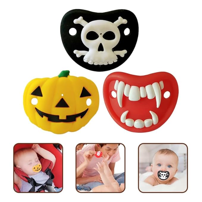 FRCOLOR 3-Pack Halloween Baby Pacifiers, Soft Silicone Pumpkin & Skull Soothers for Newborns, Funny Teething Relief Toy & Baby Shower Favors for Boys & Girls