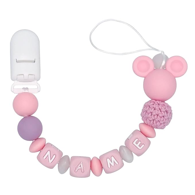 Personalized Pacifier Clip with Name Customizable Mouse (Pink)