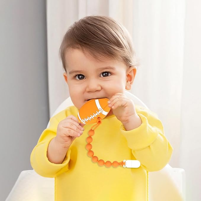 Baby Food Grade Silicone Sport Ball Teether Toy with Pacifier Clip Holder,Teething Pain Relief Toys Gift Set for 3 Months+ Boys and Girls,Freezer Safe,BPA Free. (American Football)