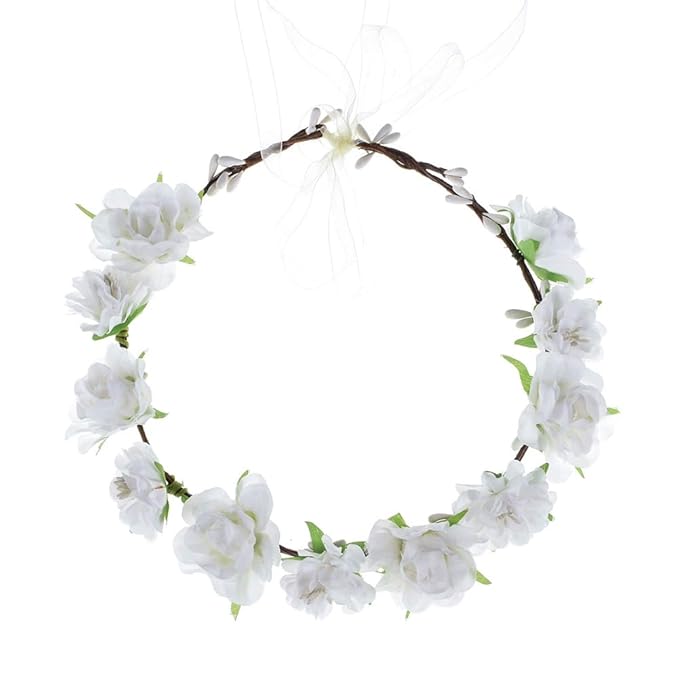 AKOAK 1 Pack Flower Crown, Bohemian Wreath for Girls Floral Tiara, Wedding Headband, Bride Bohemian Wreath/Baby Shower/Photo/Toddler (White)