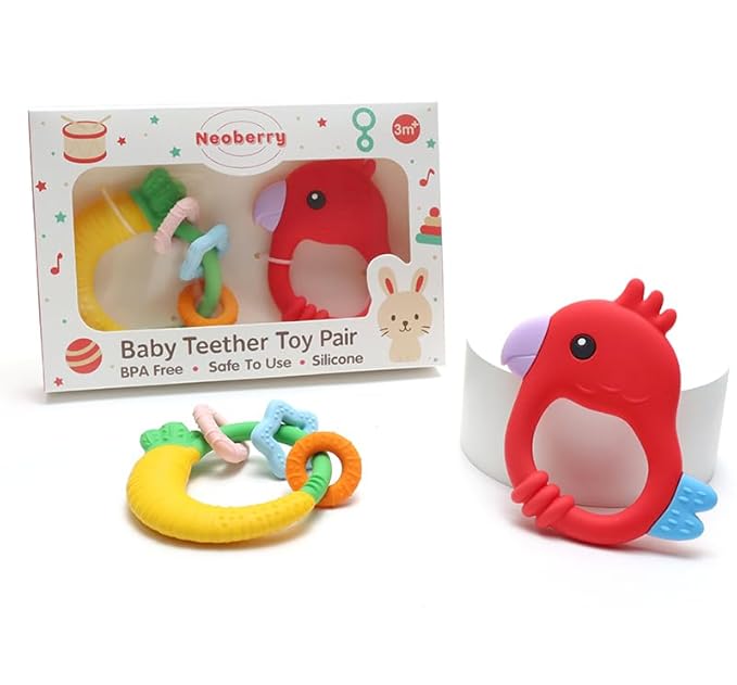 Baby Teether with Easy-Hold Handle, Silicone, BPA-Free, Soothe Sore Gums, Textured for Sensory Development, Teethable Surfaces - Baby Teething Toy for 3 Months & Up (Raddish and Bird)