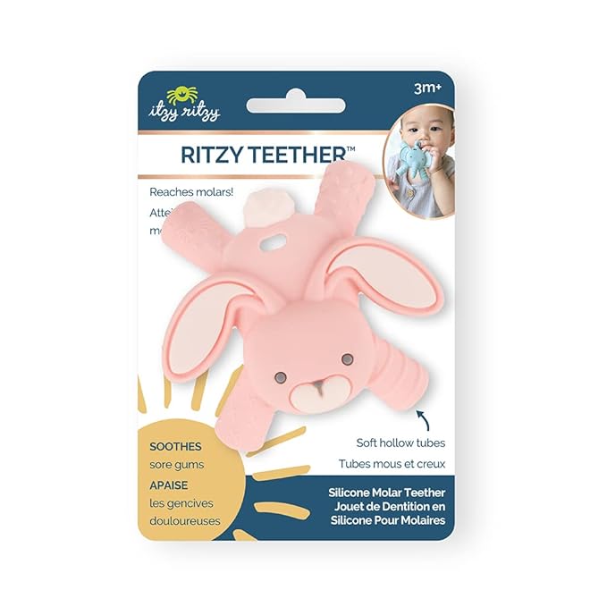 Itzy Ritzy - Ritzy Teether for Molars - Massages Sore Gums & Reaches Back Molars - Silicone Baby Teething Toy with Multiple Textures & Flexible Design - Teething Relief for 3 Months & Up (Bunny)
