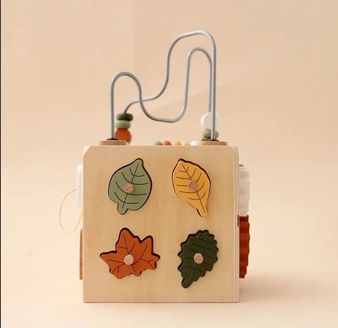 Wooden Activity Cube, Bead Maze, Gears, Shapes, Rabbit Figure, 10 x 10 x 10 inches