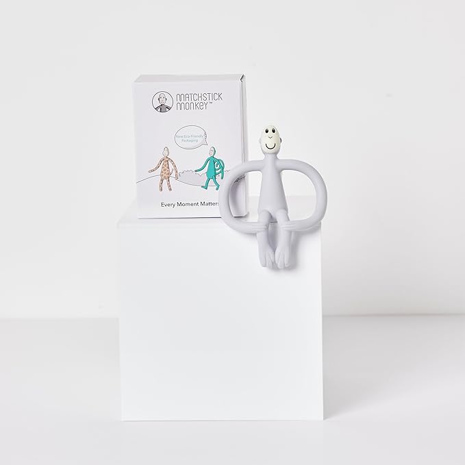 Matchstick Monkey Original Teether & Gel Applicator – Silicone Baby Teether, Easy-to-Grip, BPA-Free, Supports Self-Soothing & Early Brushing, 3 Months+, 4 Inches, Grey