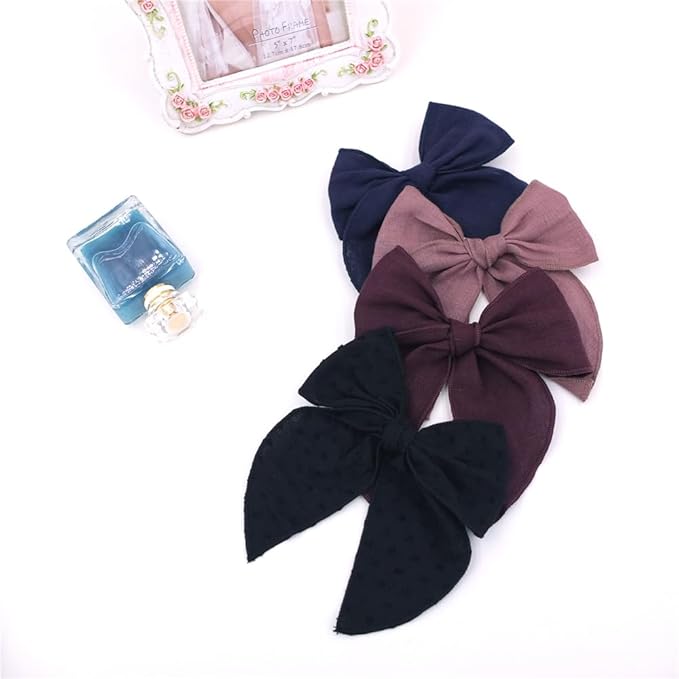 Pack of 4 Gorgeous Fable Bow Hair Clips for Girls Women Linen Hair Bow Alligator Clips Toddler Baby Mom Young Girl Hair Accessories (Burgundy/Black)