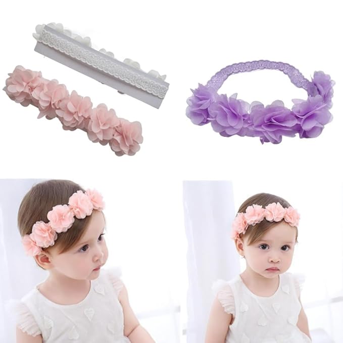 Jilukibo Baby Elastic Lace Bows Flower Headbands, Stretch Gold Princess Floral Hair Band Headwear for Infant Girls Toddler Hair Accessories (3 Pack, White Pink Purple)