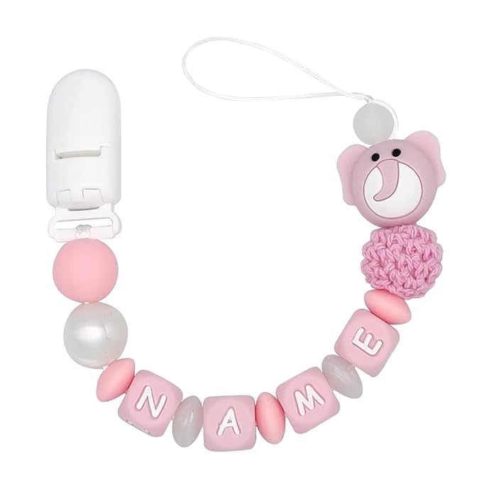 Personalized Pacifier Clip with Name Customized - Elephant (Pink)