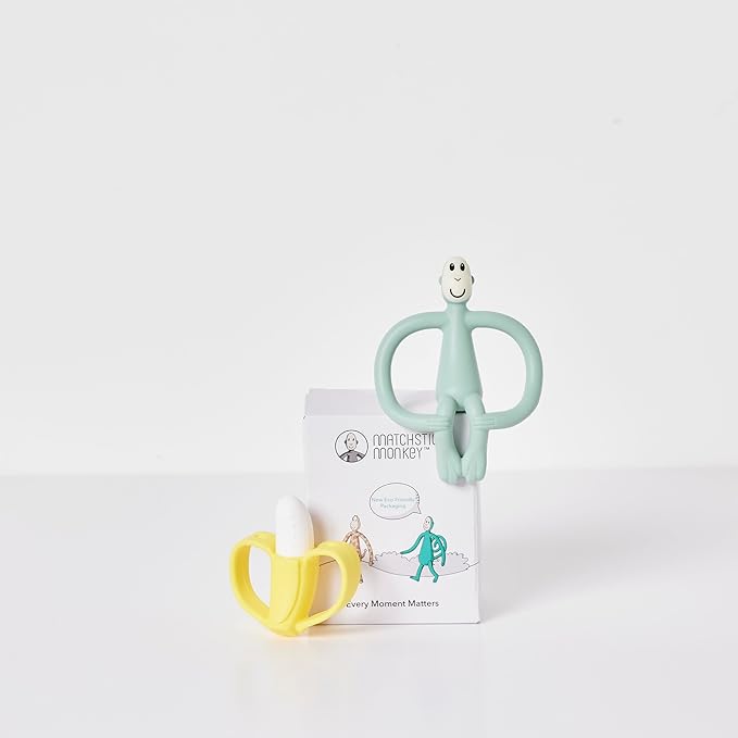 Matchstick Monkey Teething Gift Set for Babies – Includes Banana Soother & Monkey Teether, Easy-to-Grip BPA-Free Silicone for Teething Relief & Oral Development, 3 Months+, Mint Green
