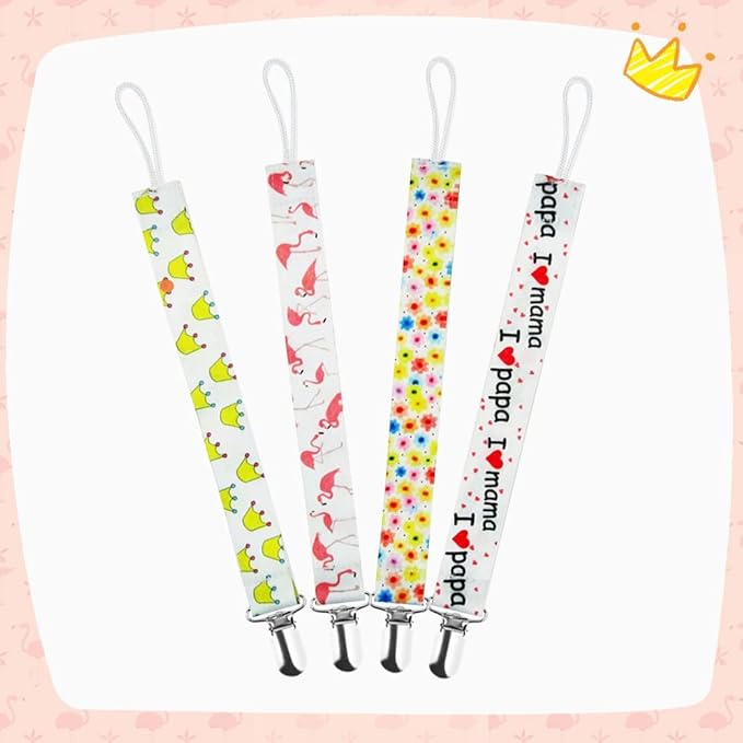 Pacifier Clip for Baby Boys Girls, 4 Pack Pacifier Holder Boho Pattern Leash Pacifier Strap with Clip Unisex Baby Shower Birthday Christmas Gift (Flamingo)