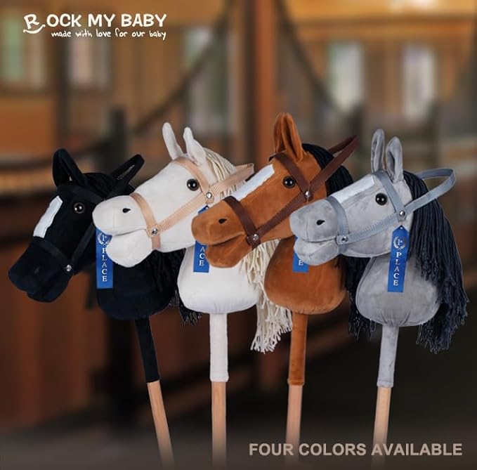 ROCK MY BABY Hobby Horse Plush Stuffed Stick Horse with Award Ribbon for Boys and Girls 3+ Fun Toys for Pretend Play (Gray) CPC Certified