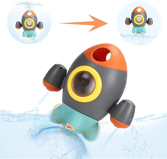 Elovien Baby Bath Toys, Space Rocket Shape Bathtub Toys for Toddlers, Spray Water Toys w/ Rotating Fountain, Bathroom Shower Toys for Infants Aged 18 Months 2 3 4 5 Years Old Kids Girls Boys