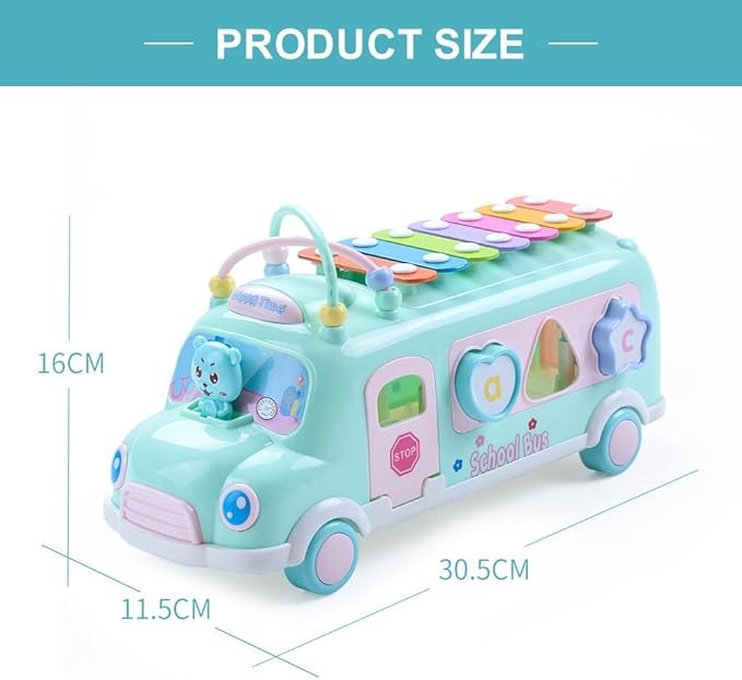 5-in-1 Baby School Bus Xylophone Toys for 1 Year Old Girl Gifts, Educational Baby Toy 6-12-18 Month, 1st Birthday Gril Gift, Toddlers Montessori Musical Baby Bus with Shape Sorter & Knock Hammer