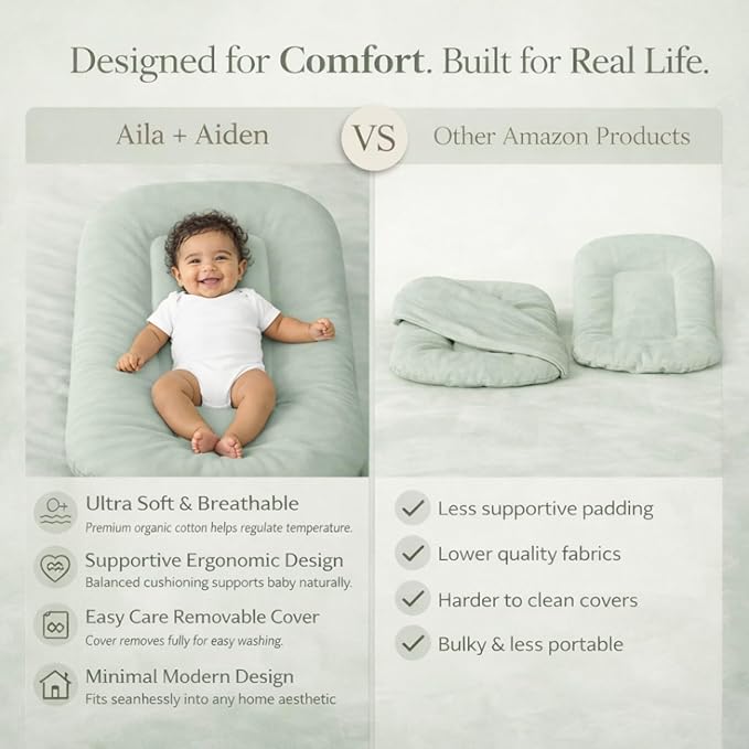 Aila + Aiden Baby Lounger | Organic Cotton Infant Lounger | Adjustable & Portable Floor Lounger | Supervised Use | Soft, Breathable, Washable Cover - Snuggle Collection - (Sage)