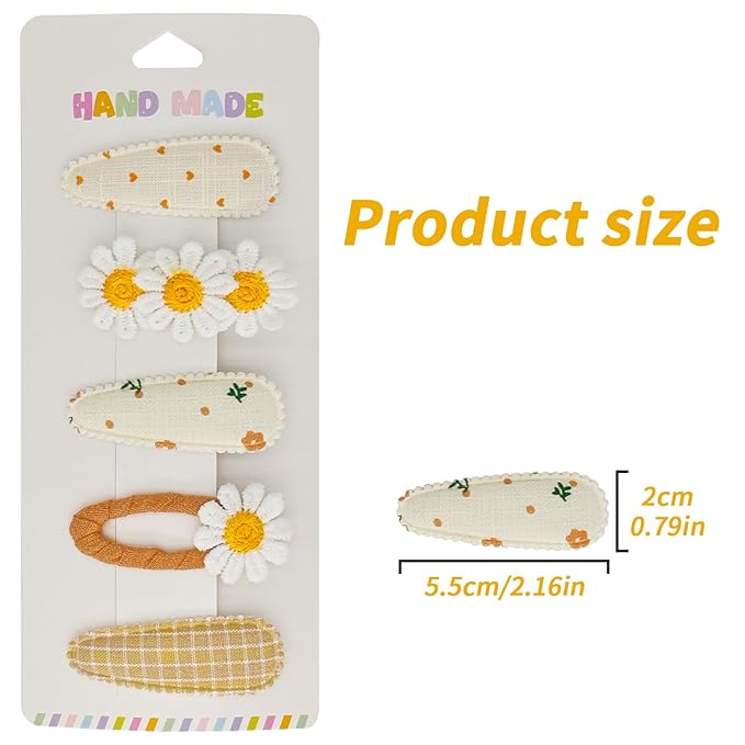 Baby Hair Clips & Toddler Hair Clips 5-Piece Set - 4 Snap Barrettes & 1 Fabric Duckbill Clip, Fresh Meadow Floral Design in Beige & Yellow - Enhance Your Child's Natural Beauty