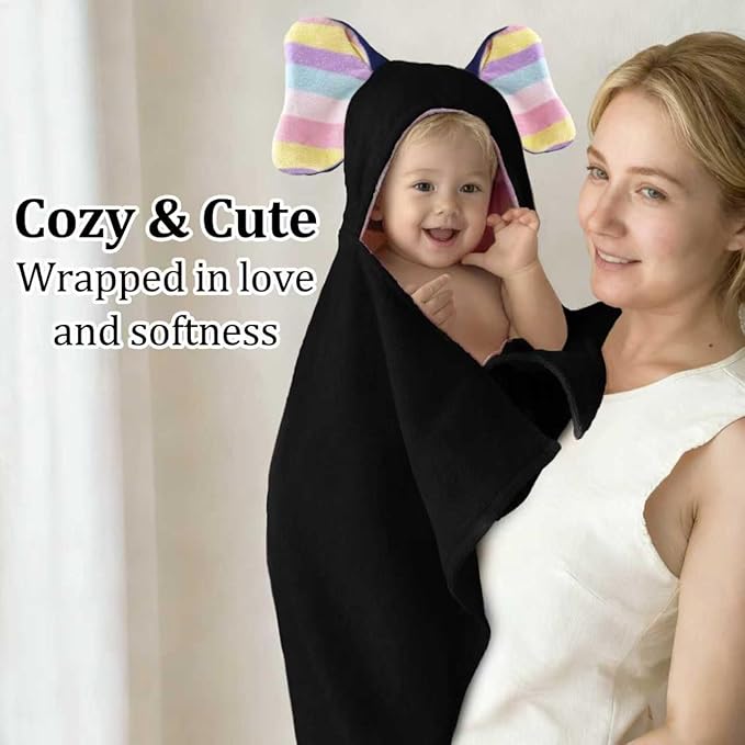 VOOVA & MOVAS Cute Elephant Ears Baby Hooded Bath Towel – Super Absorbent, 420GSM, 100% Cotton – 33" x 31.5", Thick – for 0–18 Months Newborn, Infant, Toddler – Baby Essentials, Black