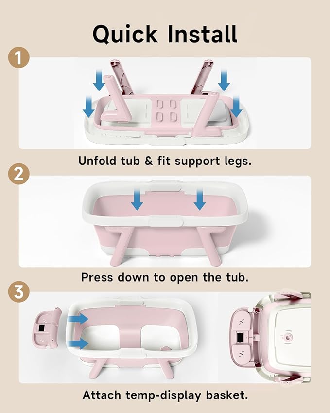 Collapsible Baby Bathtub, Laege Infant Bath Tub with Thermometer & Cute Soft Cushion for Newborn to 36-Month Toddlers, Storage and Non-Slip Feet Design, Baby Bath Gift (Pink)