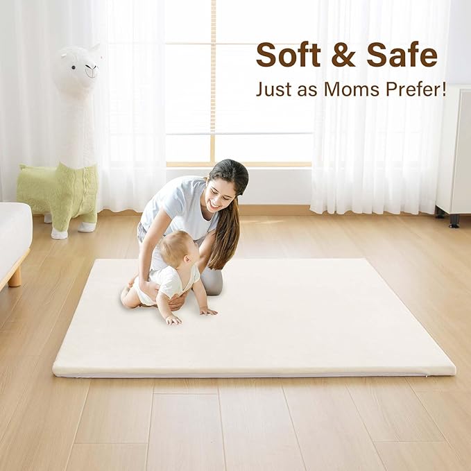 Baby Play Mat for Floor,1.3" Thick Soft Foam Playpen Mat with Removable Washable Cover,Waterproof & Anti-Slip 50" x 50" Nursery Rug for Tummy Time,Kids Crawling Mat for Toddlers Infant, Beige