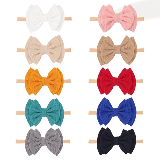 Baby Girl Soft Nylon Bow Elastic Headband Turban Toddler Infant Bow-knot Stretchy Hair Band Birthday Party Hair Bow Ribbon Accessories for Newborn Baby (Bow 2 - Light brown, Elastic)