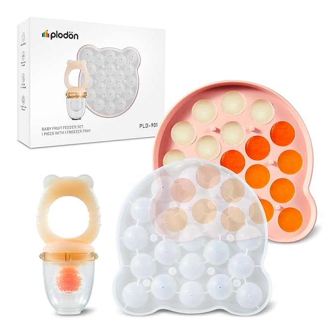 Baby Fruit Feeder& Teether with Freezer Tray Combo, BPA-Free Silicone Food Feeder for 4+ Months, Breastmilk Popsicle Molds for Teething Relief, Dishwasher Safe Baby Food Freezer Tray with Lid