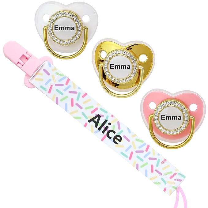 Personalized Pacifier Set with Name, BPA Free, Bling Gold Silver Pink Rose Gold Luxurious Ideal Gift for Newborns (Pink)