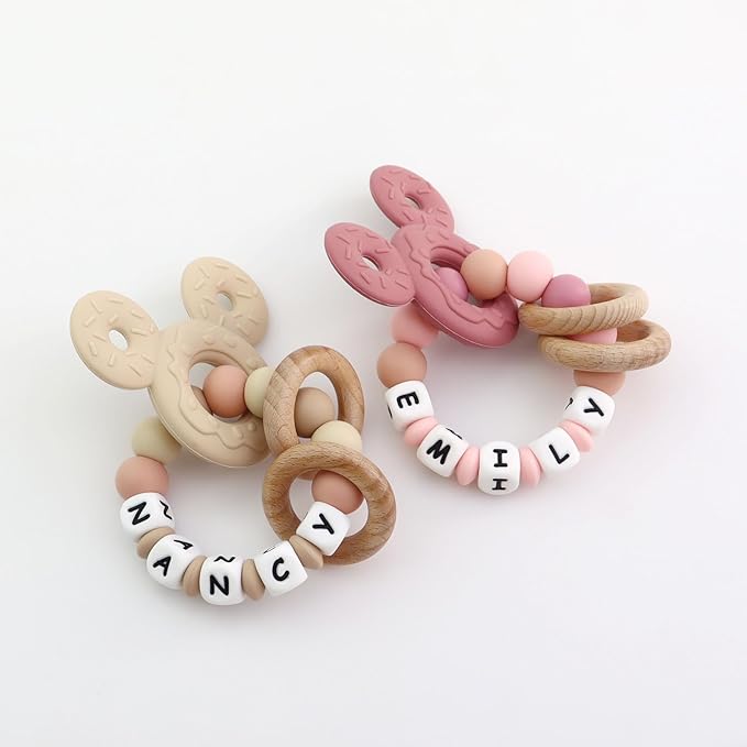 Personalized Baby Teether with Name - Custom Mouse Silicone Teether & Natural Wooden Ring for Boys & Girls - Handmade Unique Baby Shower Gift for Infants & Toddlers (Grey)