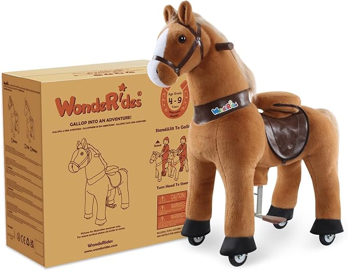WondeRides Ride on Horse Pony Cycle Brown Toy Size 4 for Kids Age 4-9, 36 Inch Height Riding Horse Plush Rocking Mechanical Walking Animal No Battery or Electricity for Boys Girls M445