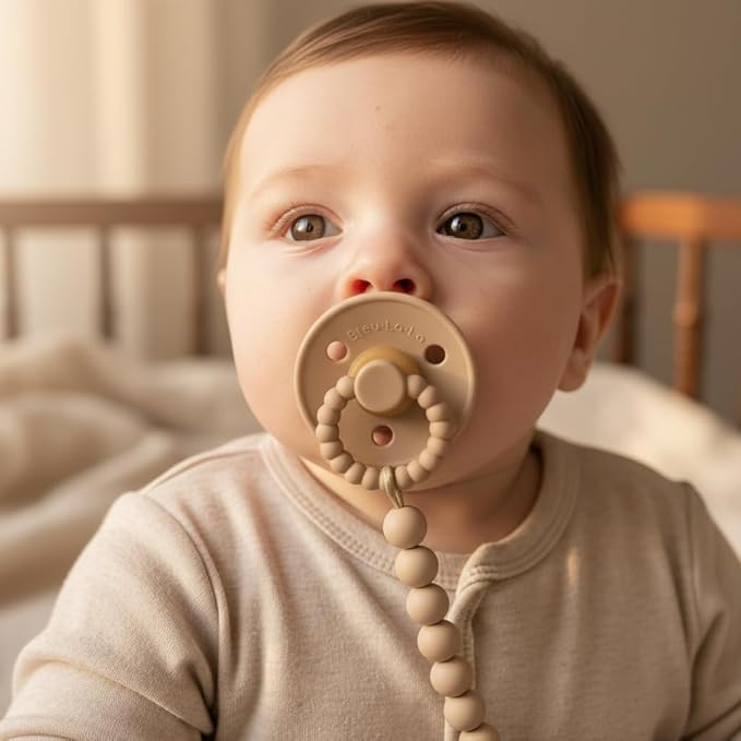 Luladream Pacifier and Clip Set - Natural Rubber Nipple - Soft Teething Handle - for Infants Baby's and Toddlers, 0-18 Months (Camel + Cream + Clips)