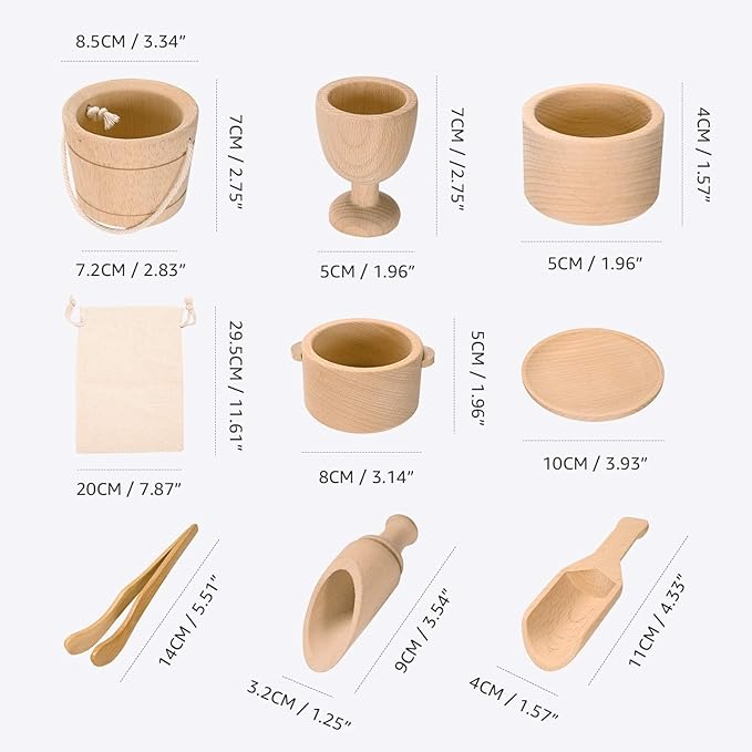 Montessori Toys Sensory Bin Toys for Toddlers Set of 9 Wooden Waldorf Toys Wooden Scoops and Tongs for Transfer Work and Fine Motor Skills Development