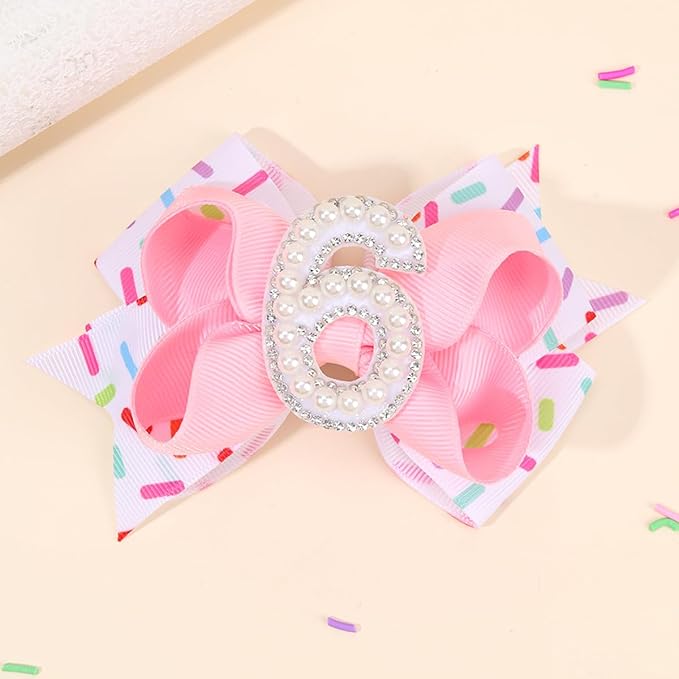 Birthday Pearl Hair Bow Clips for Baby Girls - 2Pcs Sweet Pink Hair Clips Number 6 Made of Many Small pearls for 6th Birthday Bow Party Decorations for Girls Toddlers Hair Accessories
