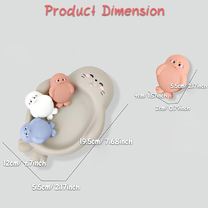 Seal Family Bath Adventure Set, 1 Mother Seal and 3 Baby Seals, Soft Vinyl Material, One-Piece No Hole Design (Seal)