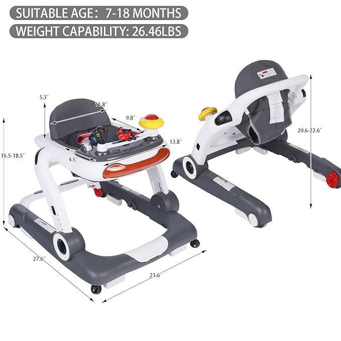 Kinder King Baby Walker with Music & Lights, 5 in 1 Baby Activity Walker with Wheel, Adjustable Height & Seat, Learning-Seated & Toddler Walk-Behind, Safety Bumper, Infant Walker Anti-Rollover, Grey