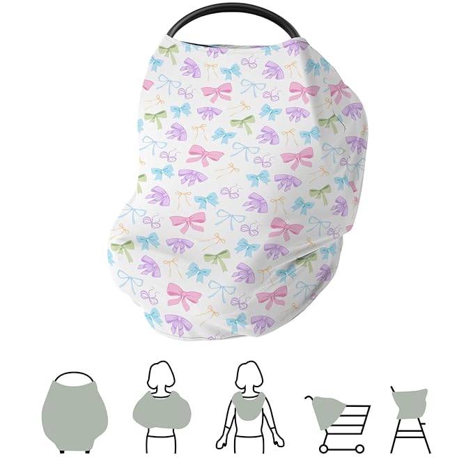 Spring Pastel Bows Baby Car Seat Covers Colorful Rainbow Bows Stretchy 5-in-1 Cover Adjustable Car Canopy Cover Cute Girly Breathable Nursing Cover-Up