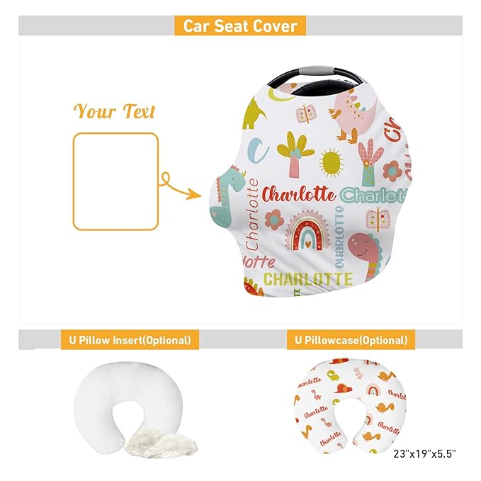 Personalised Car Seat Cover for Babies - Orange Dinosaur Print Multi-use Carseat Canopy Cover with Name, Car Seat Covers, Christmas Birthday Gifts for Infant Boys and Girls(27"x29")