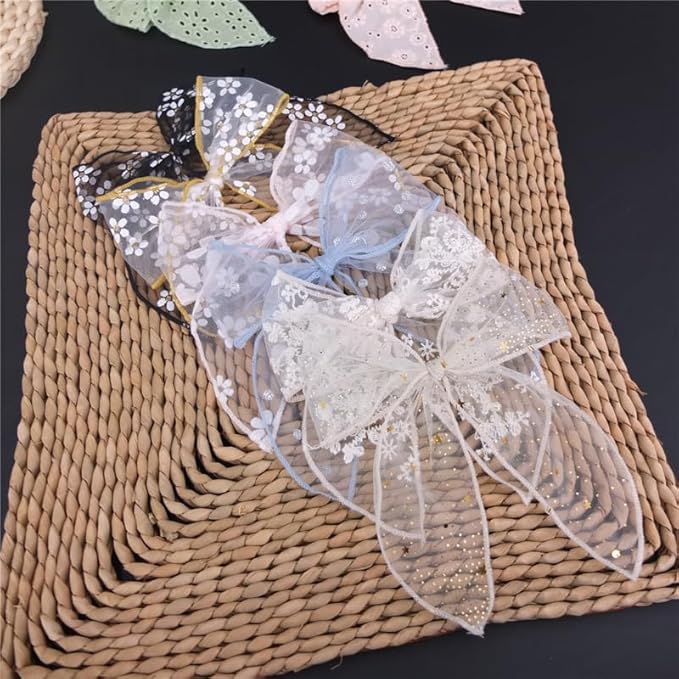 Lightweight Gauze Hair Barrettes with Lace Bows for Baby Girls, Women - Cottagecore Accessories (8 Pack Fable Bow)