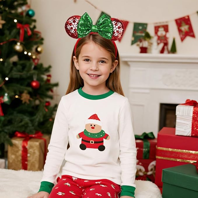 Christmas Red&Green Bow Adjustable Mouse Ears Headband, Elastic Hair Bow Hairband for Infant Toddlers Teens Baby Girls
