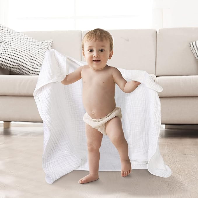 Muslin Baby Bath Towels Set 3 Pack Ultra Soft and Absorbent Baby Towels Infant Toddler Blanket Towel 6-Layer Natural Cotton Towel Suitable for Girl Boy 40x40 inches (White&Blue&Grey)