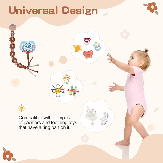 Pacifier Clip for Boys Baby Girls Floral Daisy Macrame Paci Clip Boho Wooden Clips Handmade Braided Cotton Binky Clips Pacifier Holder Leash Birthday Gift