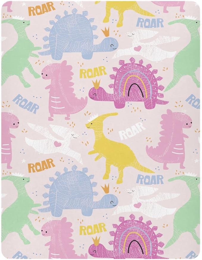 Fitted Crib Sheets Pink Cute Dinosaurs Stretchy Portable Playard Sheets for Baby Toddler, Breathable Soft Mini Crib Mattress 52 x 28 in for Boys and Girls