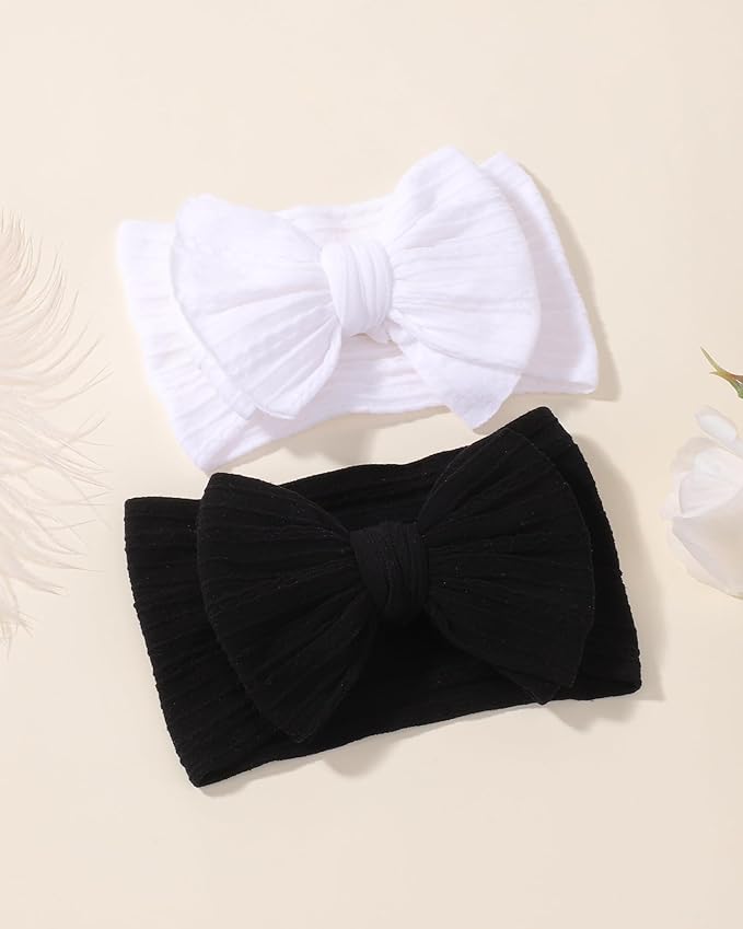 jollybows 3PCS Baby Bows Headbands Soft Nylon Baby Girl Headbands for Newborn Infant Toddler Kids Cute Bow Wide Hairbands Hair Accessories(Black+White+Deep Pink)